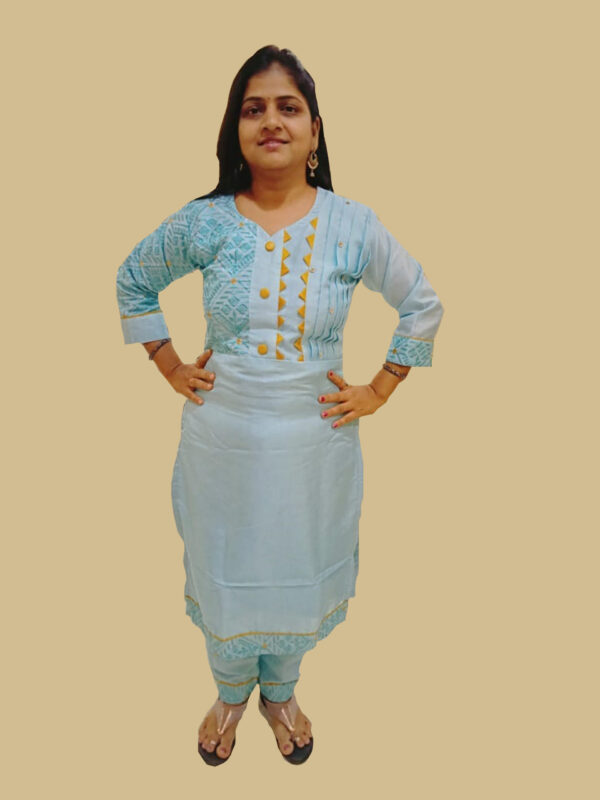 Manipuri Silk kurti with pant_Cyan color