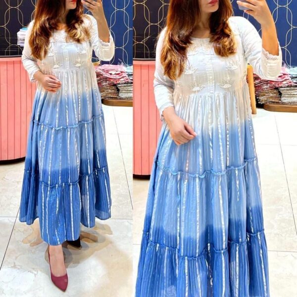 Umbrella Kurti - Rayon - White Blue