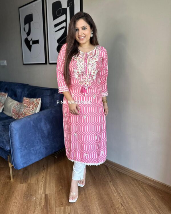 Kurti Pant _Embroidery Kurti Pink & white pant
