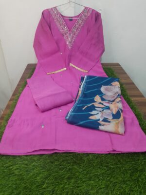 Silk Kurti Pant Dupatta -Purple Colour